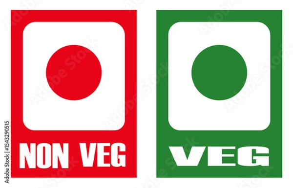 Obraz Two signs indicating non vegetarian and vegetarian food options with red and green dots displayed clearly. Food label tag for veg and non veg. Red and green food classification badges