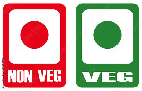 Obraz A visual comparison of non vegetarian and vegetarian labels with red and green circles and text signs. Veg and non veg classification label design. Food packaging icons in red and green