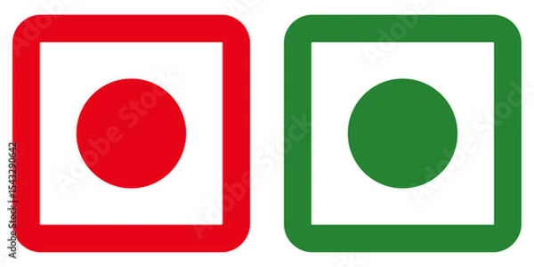 Obraz Two square icons with rounded corners one red and one green each containing a solid circle inside centered. Red and green food classification icons. Veg non veg dietary square labels