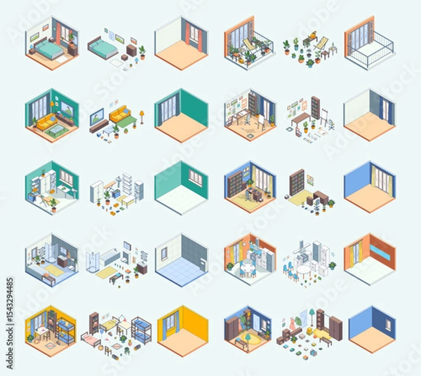 Fototapeta Cartoon Color Different Room Wardrobe, Bedroom, Bathroom and terrace Interior and Furniture Concept Set 3d Isometric View Line Elements. Vector illustration