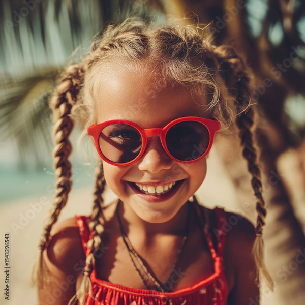 Fototapeta niña de 6 años, rubia con trenzas, gafas de sol rojas y bañador, sonriendo a cámara en una playa tropical con palmeras