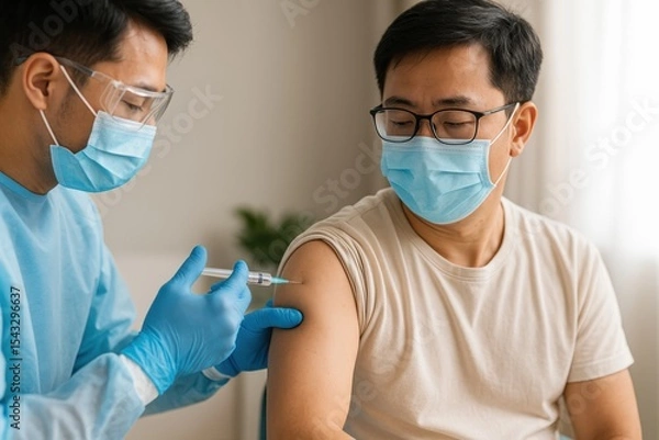 Obraz Close-up of a male doctor in a mask giving a vaccination to an Asian man. Both are wearing protective masks and gloves. Calm indoor environment. Immunization, healthcare, virus prevention concept