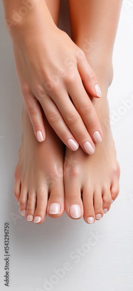 Fototapeta Close-up of young woman's well-groomed toes and fingers with French pedicure and manicure on white background