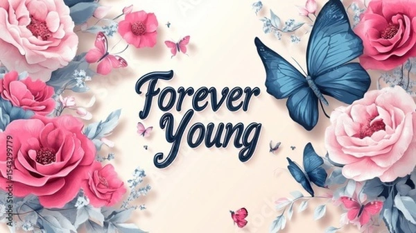 Obraz A vibrant floral composition with beautiful roses and colorful butterflies, symbolizing youth, beauty, and the delicate essence of nature.