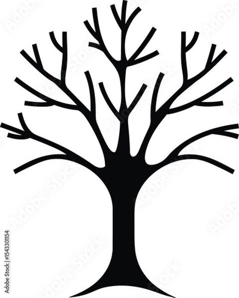 Fototapeta Isolated Silhouette of a Bare Tree with Symmetrical Branches and a Thick Trunk on White Background
