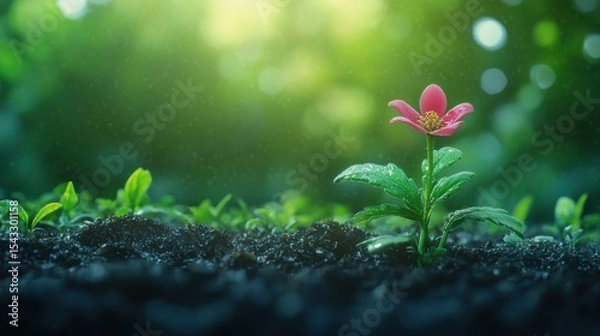 Obraz A vibrant pink flower stands out with delicate petals amidst raindrops, symbolizing resilience and beauty in a lush green environment filled with fresh life.