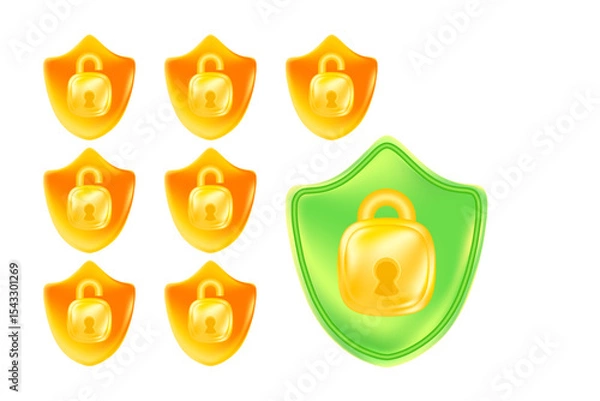 Fototapeta Cute green 3D security shield icon with gold padlock, protection control design element. Glowing glass or plastic texture cyber data, safety trust illustration for infographics