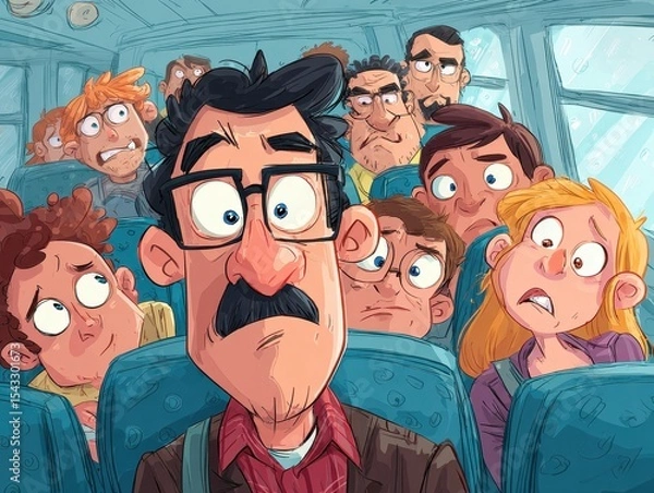 Fototapeta People on a crowded school bus, expressing various emotions.