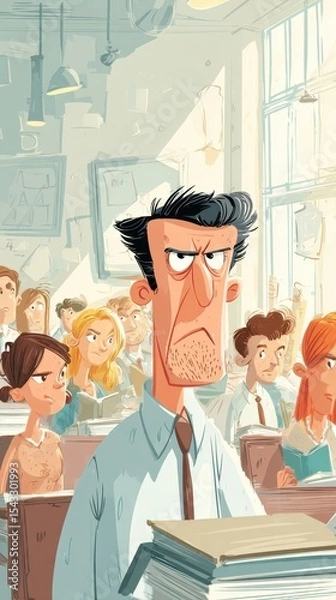 Fototapeta A stern-faced man holds a stack of papers in a classroom setting.