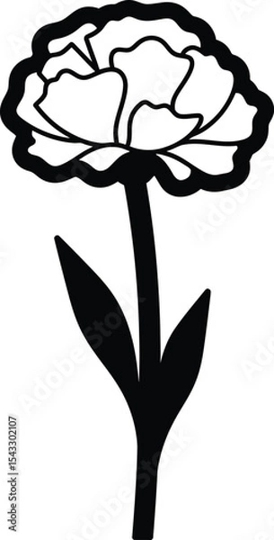 Fototapeta Simple Black and White Floral Illustration Single Flower with Stem and Leaves Isolated