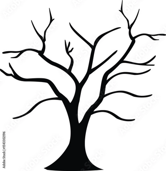 Fototapeta Simple Black Silhouette of a Bare Tree with Branches and Trunk on White Background