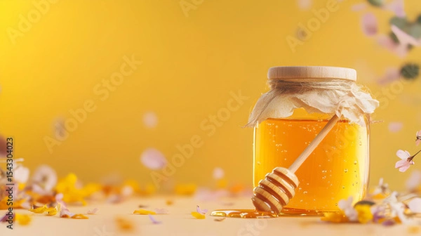Fototapeta Close-up of a jar of golden honey with wooden dipper surrounded by flower petals