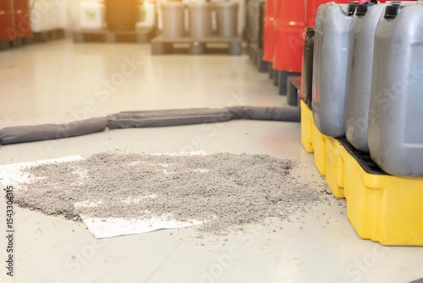 Obraz Spill containment barrier surrounding large oil spill with chemical storage drums in warehouse