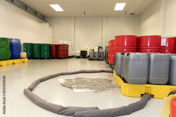 Obraz Spill containment barrier surrounding large oil spill with chemical storage drums in warehouse