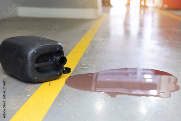 Obraz Car oil leak on concrete garage floor with yellow parking line