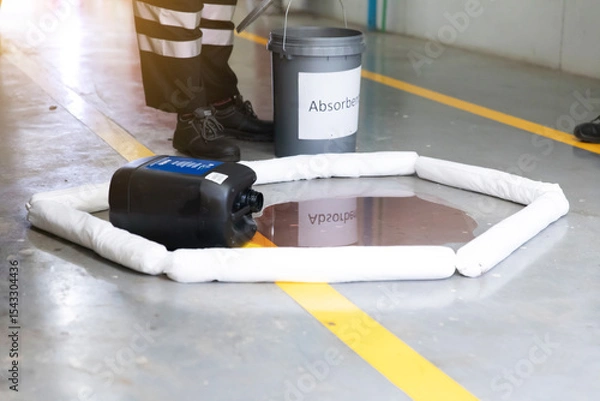 Obraz Industrial spill containment barrier kit on warehouse concrete floor with yellow safety lines