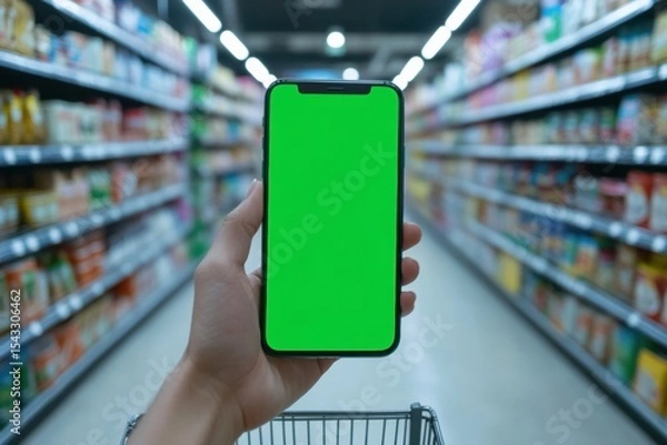 Obraz Hand holding smartphone with green screen in supermarket aisle. Blurred shelves with colorful products. Perfect mockup for app, e-commerce, or retail design. Bright and clean background. Banner
