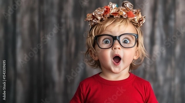 Fototapeta A surprised child wearing oversized glasses and a crown made of shiny tinfoil exhibits pure joy and excitement, capturing the innocence and creativity of childhood in vibrant colors.