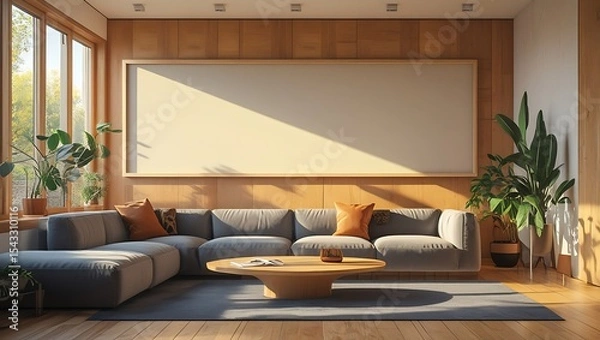 Obraz Modern living room interior design featuring a large empty wall for artwork or display