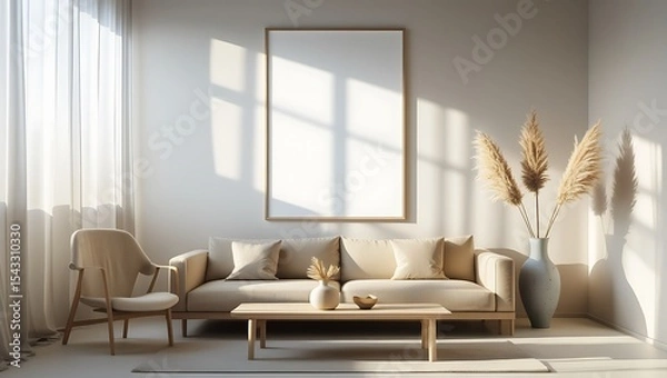 Obraz Modern living room interior design showcasing a blank framed canvas with natural light.