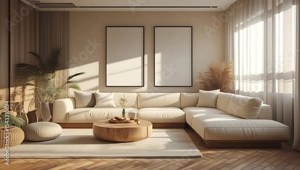 Obraz Modern living room interior design with comfortable sofa and blank picture frames