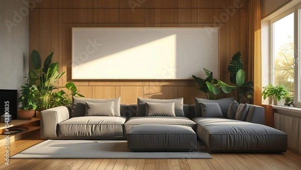 Obraz Modern living room interior design with gray sectional sofa and large blank wall space