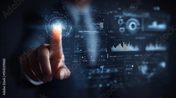 Obraz Futuristic technology user interface concept with finger touching screen and data visualization
