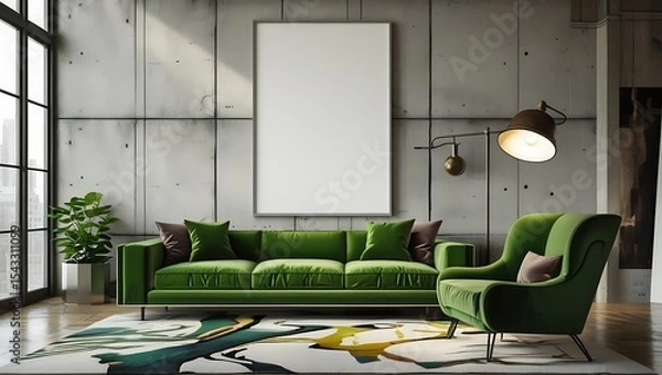 Obraz Modern living room interior design with green sofa blank poster and decorative rug