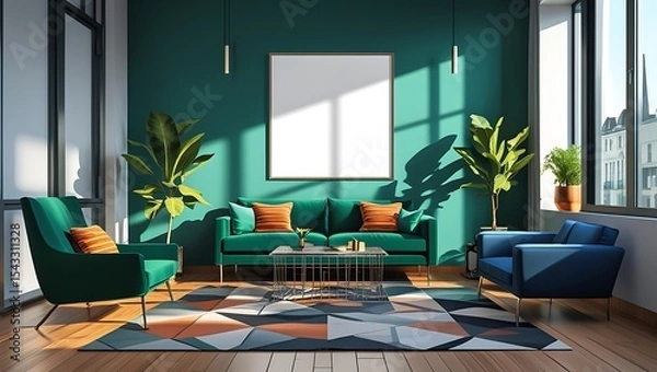 Obraz Modern living room interior design with teal sofa and empty picture frame