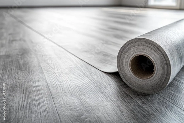 Obraz Close-up of grey vinyl flooring roll unrolling across bright modern room. Soft daylight. Wood texture detail. Clean, minimalist renovation process. Home interior improvement concept. Copy space