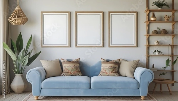 Obraz Modern living room interior with blue sofa blank picture frames and decorative elements