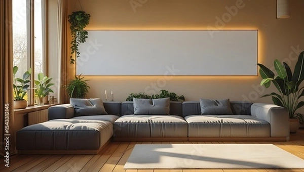 Obraz Modern living room interior with cozy gray sofa and decorative plants near large window