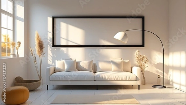 Obraz Modern minimalist living room design with blank wall space for artwork decoration in sunlight