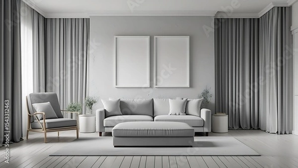 Obraz Modern minimalist living room interior design with neutral colors and decorative wall art