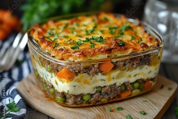 Fototapeta Dimlama layered meat and vegetables casserole prepared in a glass dish with vibrant colors and a crispy top at a cozy kitchen setting
