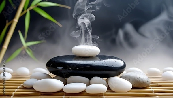 Obraz Spa stones with bamboo leaves create a serene and relaxing environment for wellness practices