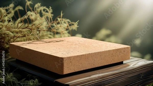 Obraz Square cork podium displayed on a wooden surface with natural forest background