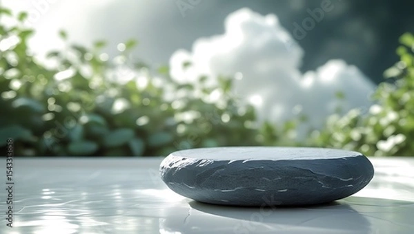 Obraz Stone pedestal displaying products with nature background and blurred leaves in soft light