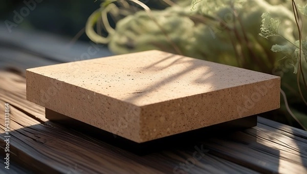 Fototapeta Square stone podium platform for product display presentation with rustic wooden background