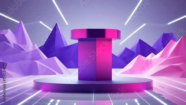 Obraz Vibrant 3d rendered podium for product display with futuristic geometric mountain background