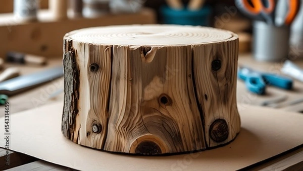 Obraz Wooden stump displaying natural wood grain and knots with a circular cut surface and bark