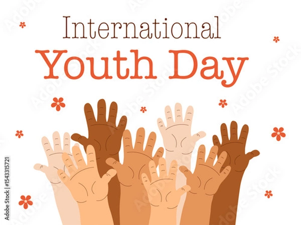Fototapeta Diverse group of hands raised in celebration of International Youth Day. A cheerful, colorful flat illustration symbolizing unity, support, and inclusion of all young people.