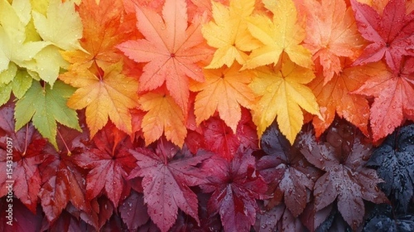 Fototapeta Vibrant autumn gradient leaves showcasing nature's colorful transition from yellow to red on ground level