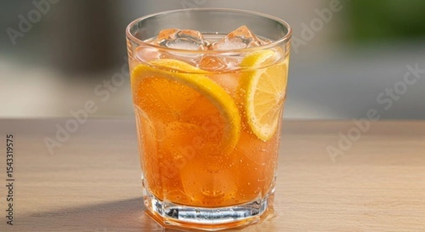 Obraz Refreshing Orange and Lemon Cocktail with Ice in Glass