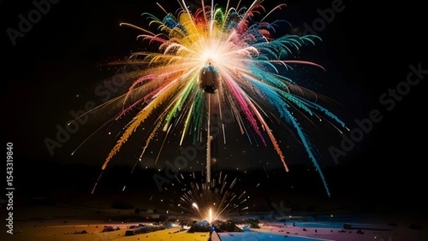 Obraz Vibrant explosion of rainbow fireworks against a stark black night sky
