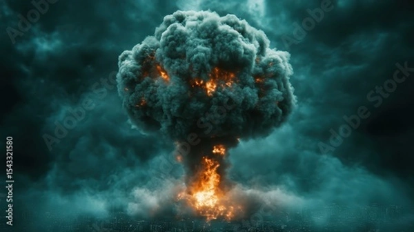 Obraz A powerful and dramatic mushroom cloud explosion rises ominously into a darkened sky, surrounded by swirling clouds, representing the embodiment of chaos and destruction.