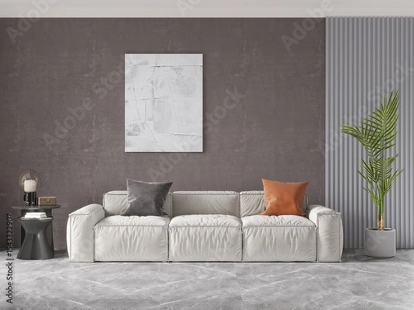 Fototapeta Mock up of a stylish living room with an exclusive comfortable sofa and a fashionable decorative background, 3D rendering.