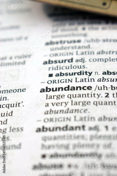 Fototapeta Close Up Of English Dictionary Page With Word - Abundance