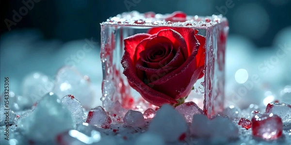 Obraz red rose flower in an ice cube wide with blood wide