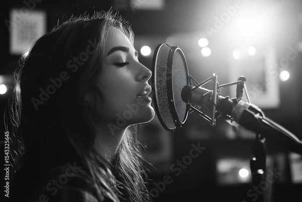 Obraz Content creator profession: Woman recording audio in a home office using a condenser microphone, preparing for a podcast or voiceover work., Generative AI